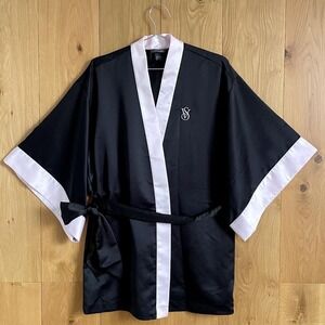 NWT Victoria's Secret Satin Pink Trim Black Kimono Rob With Sash Belt One Size